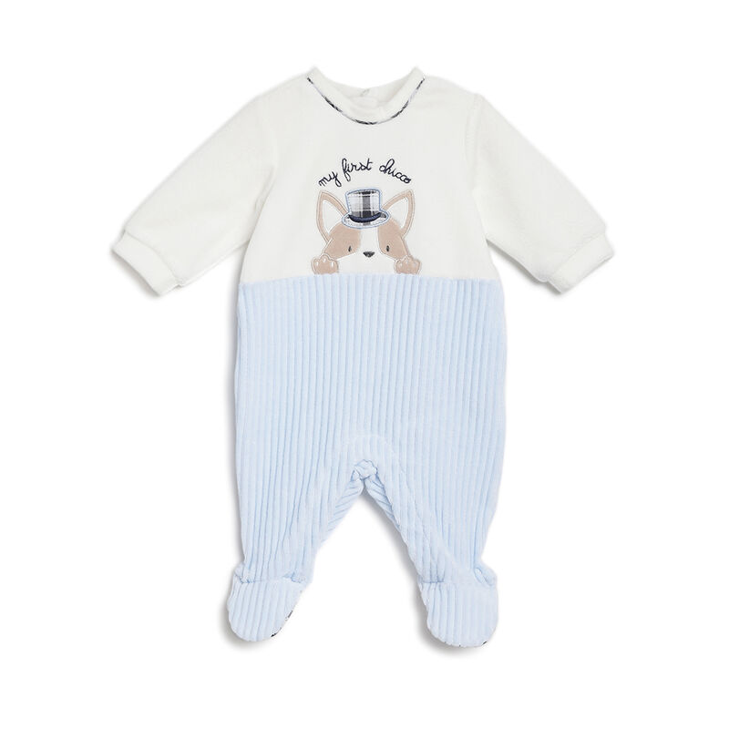 Boys White and Light Blue Applique Leg Opening Babysuit image number 0